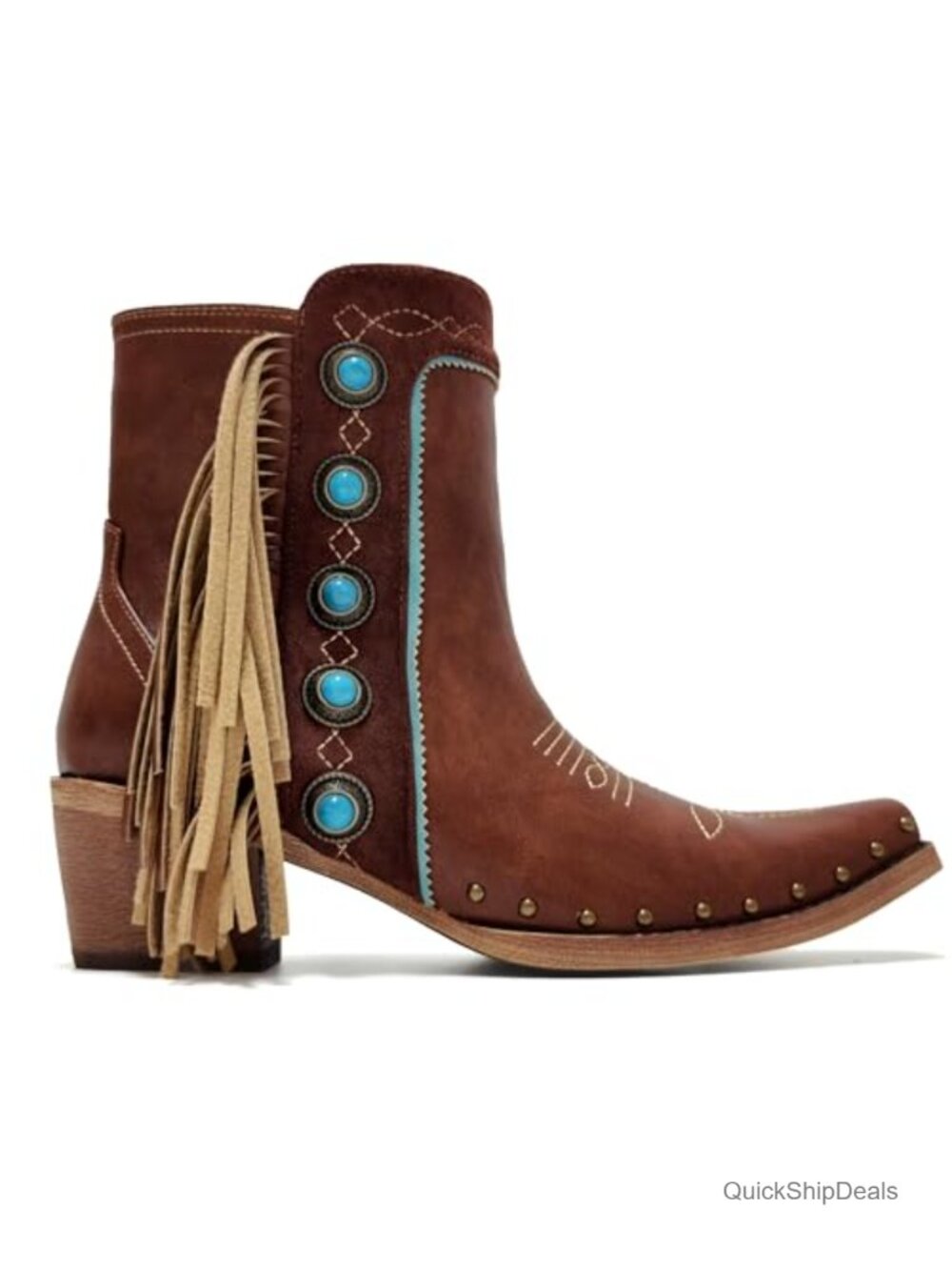 Women's Western Fringe Ankle Booties Studded Turquoise Stone Cowboy Boots